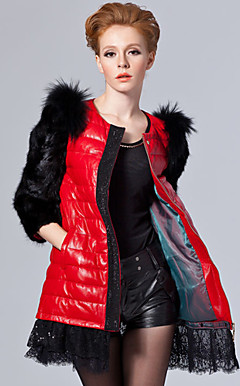 3/4 Sleeve Collarless Lambskin Leather With Mink Fur And Raccoon Fur Casual/Party Coat (More Colors)