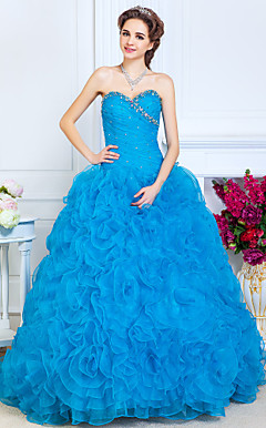 Ball Gown Sweetheart Floor-length Organza Evening Dress With Beading And Cascading Ruffles