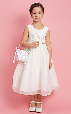 A-line Princess Jewel Tea-length Chiffon Flower Girl Dress