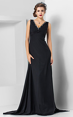 bainha / coluna v-pescoço varrer / escova de trem chiffon vestido de noite