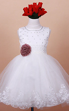 härlig ärmlös satin / organza bröllop / kväll blomma flicka klänning