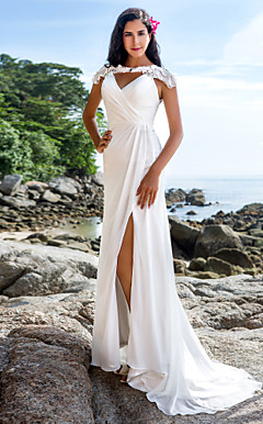 vaina / v-cuello tribunal tren vestido de boda de la gasa de la columna