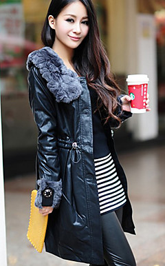 Long Sleeve Faux Fur Turndown Collar PU Casual/Party Coat(More Colors)