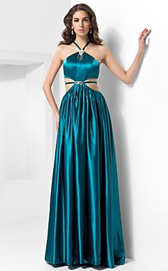 A-line Halter Floor-length Strecth Satin Evening Dress