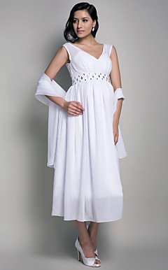 schede / column v-hals tea-length chiffon moederschap avond jurk met een wrap