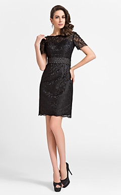 Sheath/Column Jewel Knee-length Lace And Satin Cocktail Dress