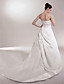  A-line/Princess Strapless Chapel Train Satin Luxury Wedding Dress With Beaded Lace Appliques