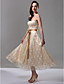  A-line Strapless Sleeveless Tea-length Lace Over Stretch Satin Bridesmaid Dress