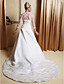  A-line Scalloped-Edge Neckline Court Train Satin Wedding Dress With A Wrap
