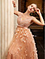  A-line V-neck Sweep Brush Train Tulle Over Chiffon Luxurious Dresses