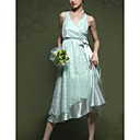 Empire V-neck Tea-length Elastic Silk-like Satin Lace Wedding Dress for Bride (HXGD022)
