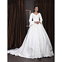 Ball Gown V-neck Long Sleeve Satin Luxury Wedding Dress With Beaded Appliques