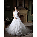 Ball Gown High Neck Chapel Train Organza Tiered Wedding Gown