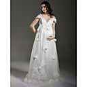 Empire Off-the-shoulder Sweep / Brush Train Satin Tulle Maternity Wedding Dress With 3D Flora(WSM0197)