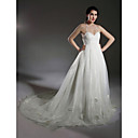 A-line Halter Court Train Taffeta Wedding Dress With Beaded Appliques
