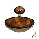 brun évier rond récipient en verre trempé avec robinet cascade, bague de montage et l'évacuation des eaux (0888-c-blée-6142-wf)