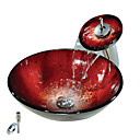 rote runde Glas Schiff sinken mit Wasserfall Armatur, Einbauring und Wasserablauf (0888-c-Bly-6439-wf)