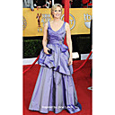bola de tafetán vestido con cuello en V piso de longitud traje de gala inspirado en Jane Lynch