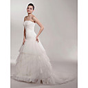 A-line Strapless Court Train Satin Organza Tiered Wedding Dress