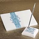 Teal Scroll Wedding Guest Book And Pen Set In White Satin
