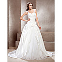 A-line Off-the-shoulder Chapel Train Satin Lace Wedding Dress