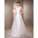 A-line V-neck Sweep/Brush Train Satin Wedding Dress