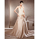 A-line V-neck Chapel Train Satin And Lace Wedding Dress