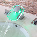 Two Handles Chrome Finish LED Hydroelectric Waterfall Sink Faucet