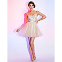 una línea de novia sin tirantes, corto / mini vestido de cóctel de lentejuelas de organza con una cinta acanalada