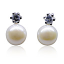 Charming Sterling Silver Fresh Pearl Stud Earrings with Crystal(More Colors)