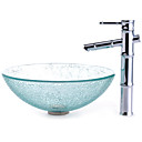 Transparent Cracked Style Tempered Glass Vessel Sink with Bamboo Style Faucet, Mounting Ring and Water Drain