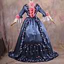 Long Sleeve Floor-length Ink Blue and Pink Satin Gothic Lolita Dress