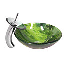 Green Sea World Style Tempered Glass Vessel Sink with Waterfall Faucet, Mounting Ring and Water Drain