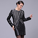 Long Sleeve Collarless Lambskin Leather Casual/Office Jacket
