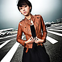 Women's Zip-up Slim PU Leather Jacket with Tab Detail