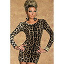 Sexy da Mulher Leopard manga comprida vestido de gola redonda (Busto :86-102cm, Cintura :58-79cm, Hip :90-104cm)