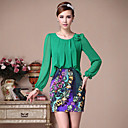 Diary best Green Fashion Round Collar Folds Design  Print Dress