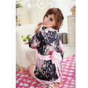 Flower Pattern Kimono Wide Belt Black Silk Nightwear